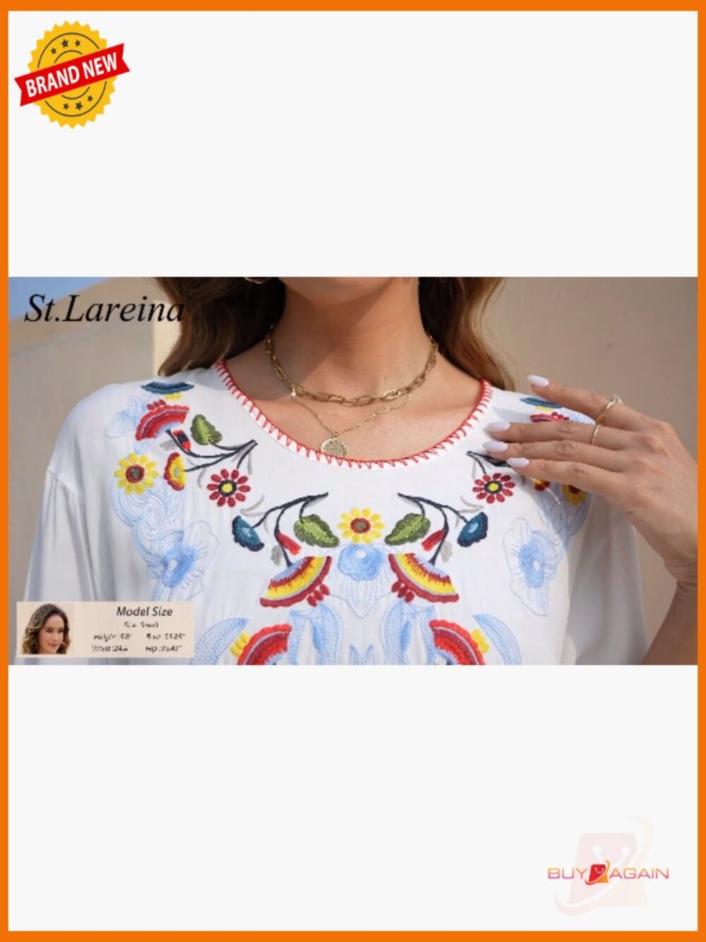Women's Embroidered Cotton Peasant Top 3/4 Sleeve Loose Fit Bohemian Tunic - Picture 6 of 6